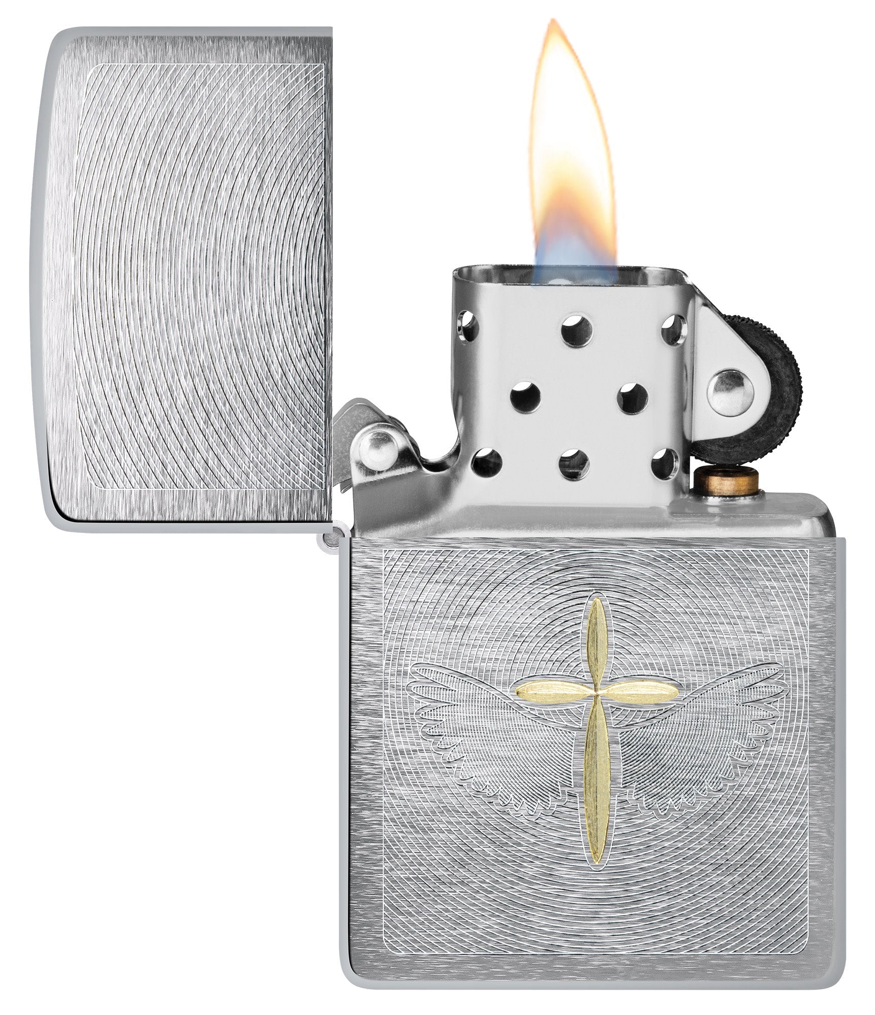 Zippo Angel Aura Design Brushed Chrome Windproof Lighter with its lid open and lit.