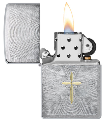 Zippo Angel Aura Design Brushed Chrome Windproof Lighter with its lid open and lit.