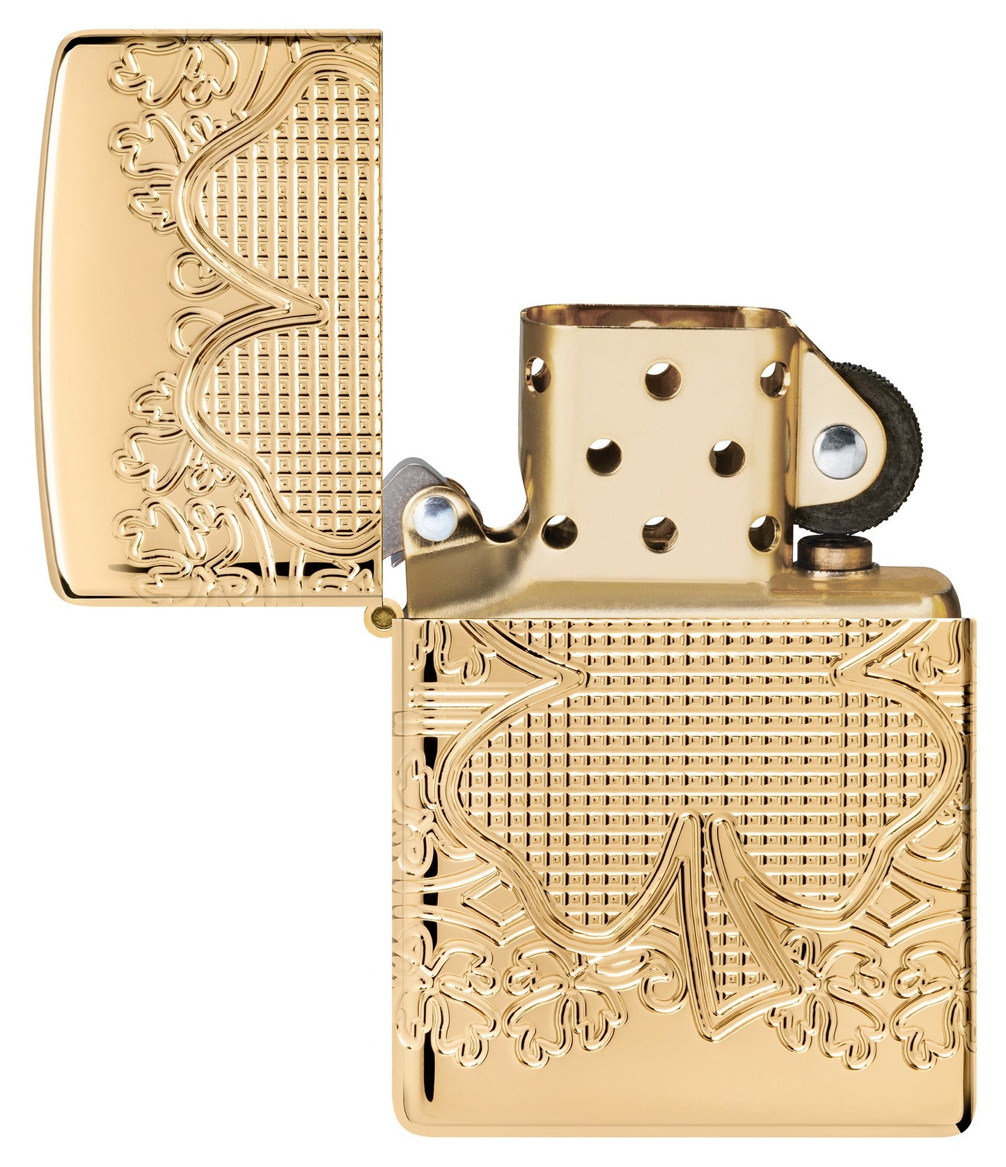 Zippo Lucky Clover Design Armor?? High Polish Gold Plate Windproof Lighter with its lid open and unlit.