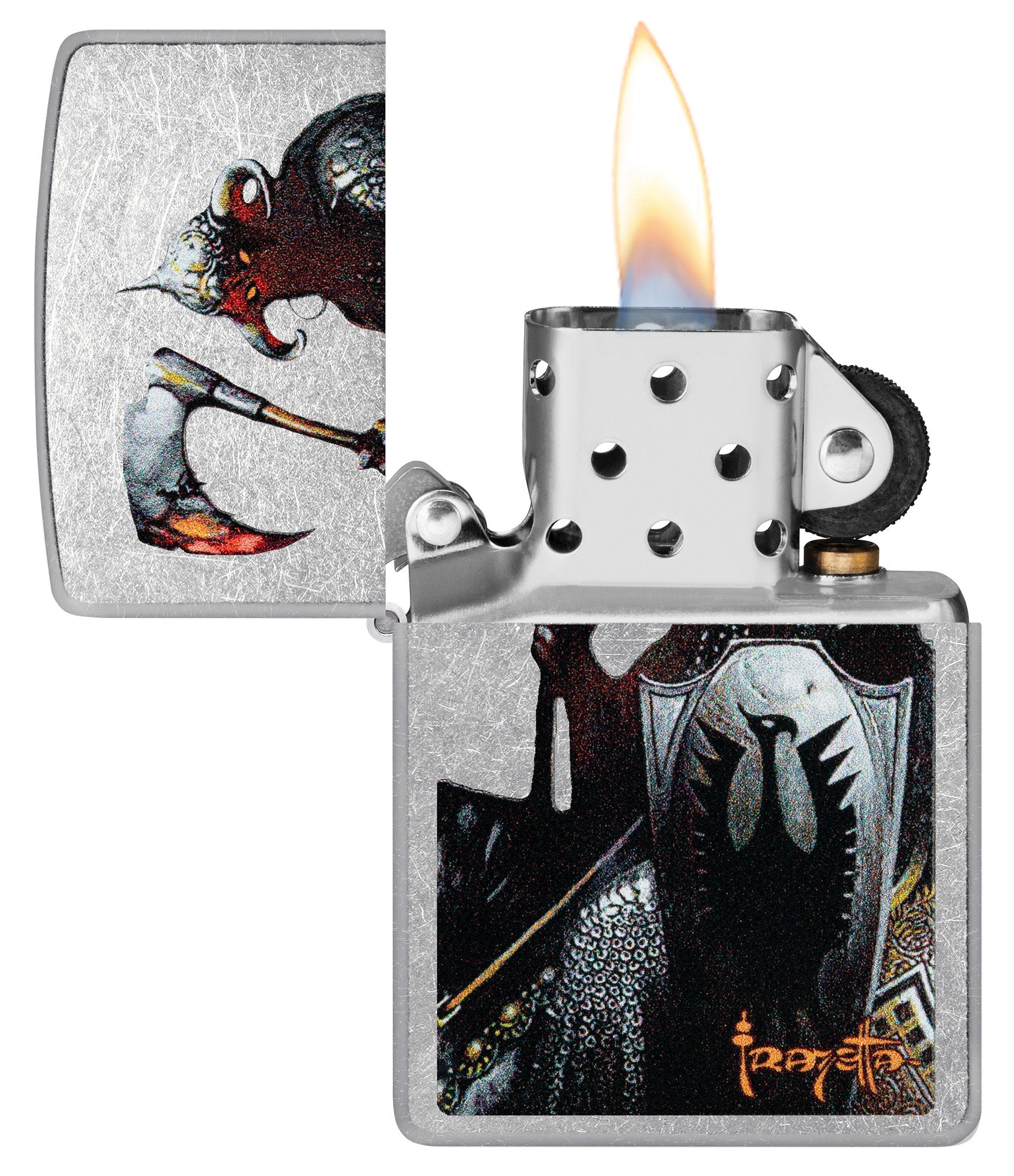 Zippo Frank Frazetta Death Dealer Street Chrome Windproof Lighter with its lid open and lit.