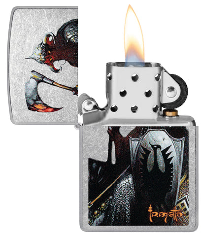 Zippo Frank Frazetta Death Dealer Street Chrome Windproof Lighter with its lid open and lit.
