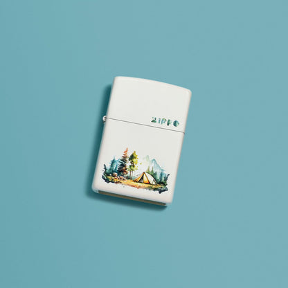 Lifestyle image of Zippo Nature Retreat Design White Matte Windproof Lighter in a blue scene.