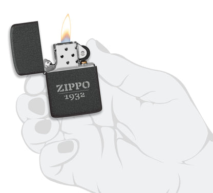 Zippo Design 1941 Replica Black Crackle?? Windproof Lighter lit in hand.