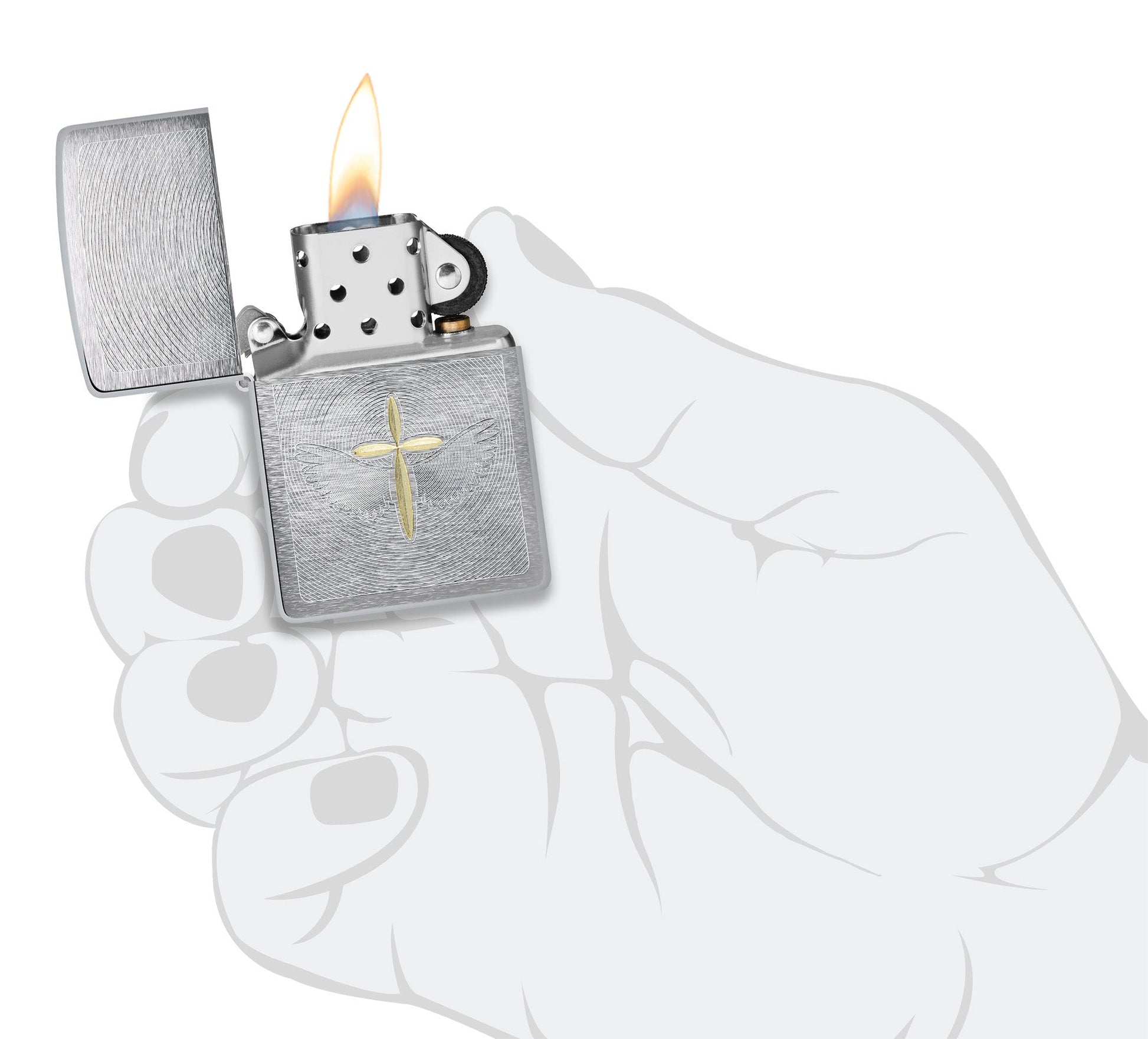 Zippo Angel Aura Design Brushed Chrome Windproof Lighter lit in hand.