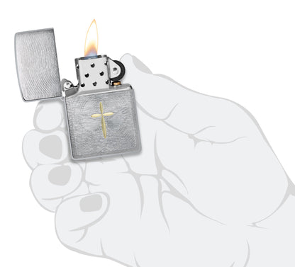 Zippo Angel Aura Design Brushed Chrome Windproof Lighter lit in hand.