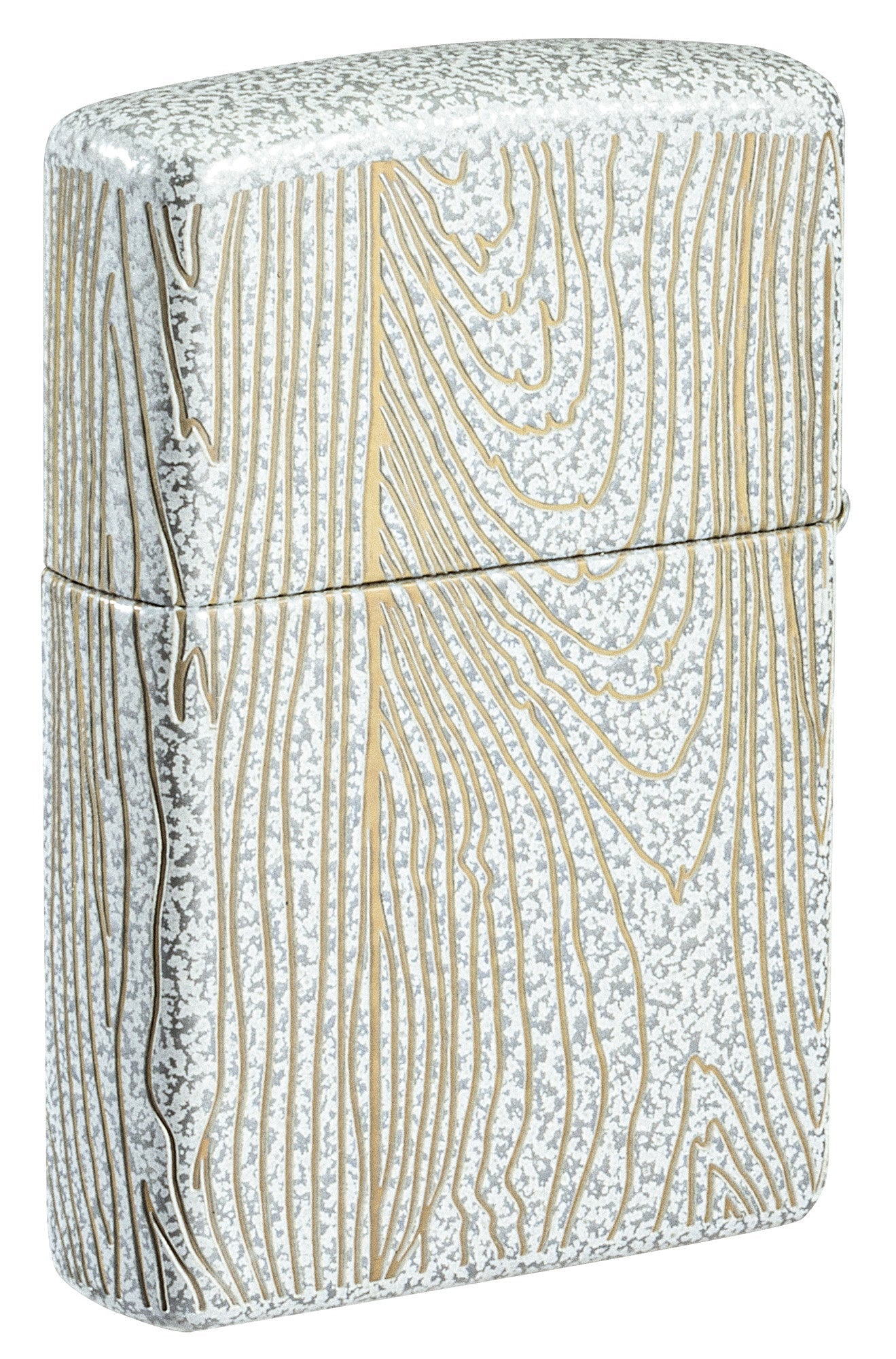 Back shot of Zippo Tree of Life Woodgrain Design Glacier Windproof Lighter standing at a 3/4 angle.