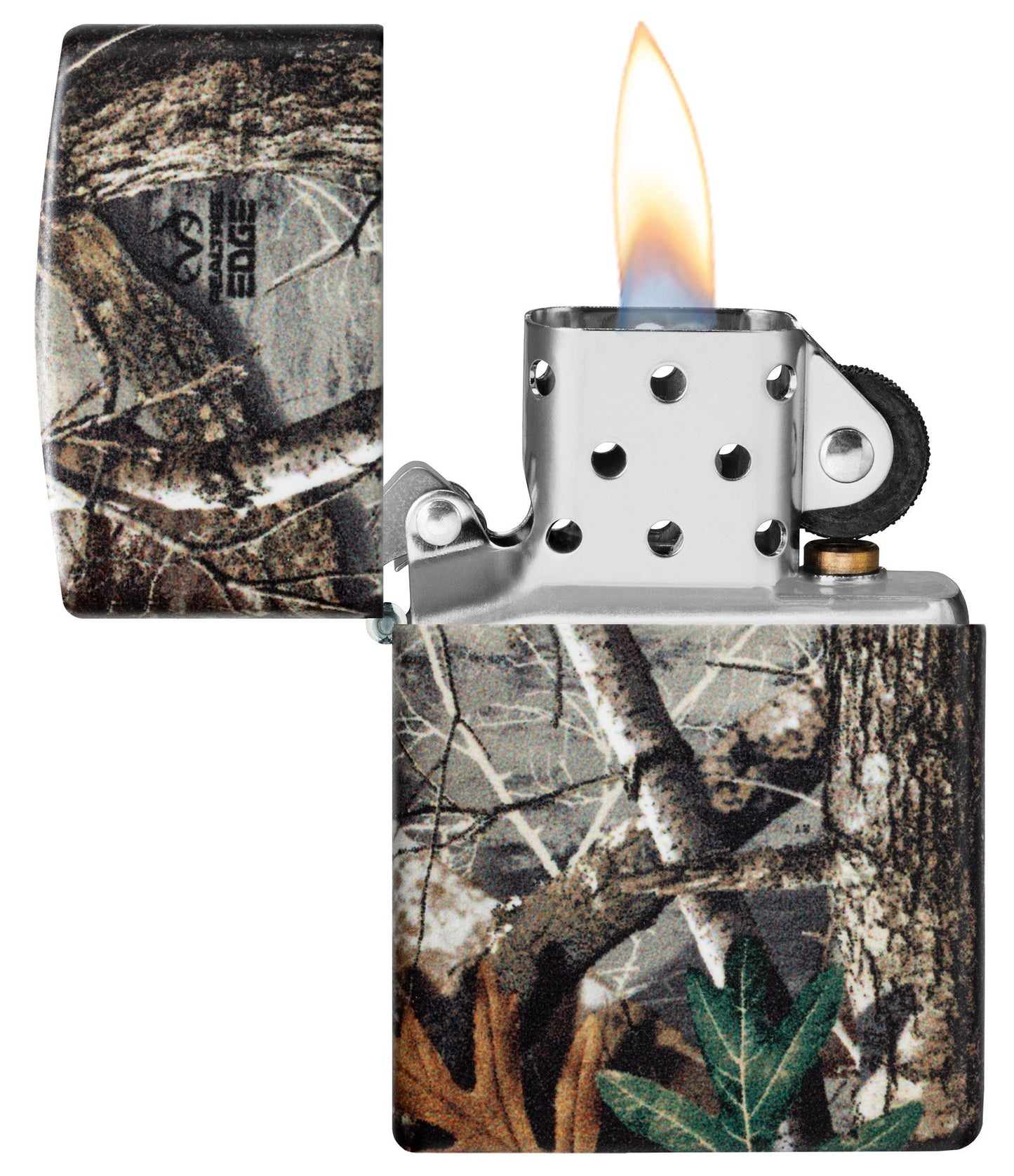 Zippo Realtree?? EDGEÆ?âº Camo Design 540 Matte Windproof Lighter with its lid open and lit.