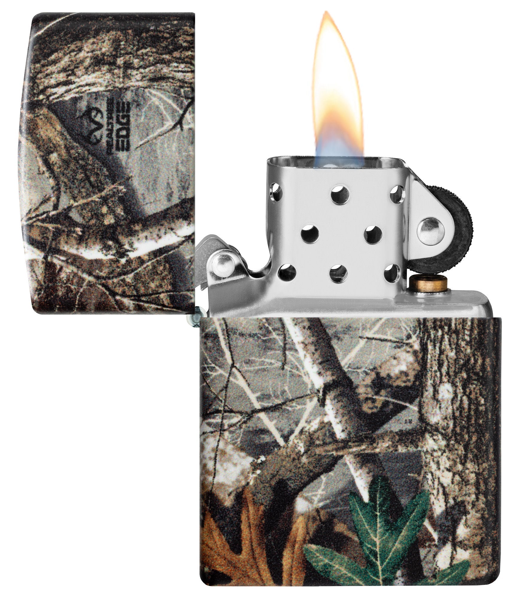 Zippo Realtree?? EDGEÆ?âº Camo Design 540 Matte Windproof Lighter with its lid open and lit.