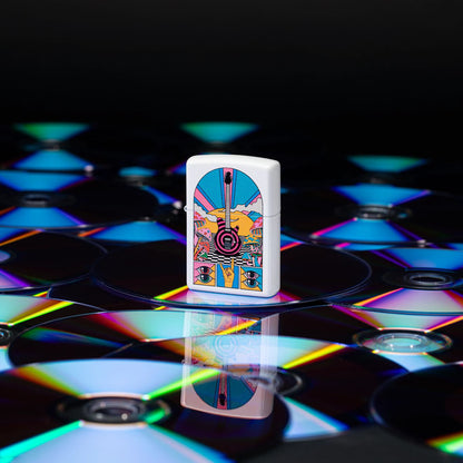 Lifestyle image of Zippo Retro Music Design White Matte Windproof Lighter standing on some CDs.