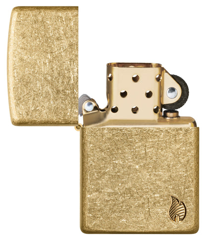 Zippo Armor?? Series Flame Tumbled Brass Windproof Lighter with its lid open and unlit.
