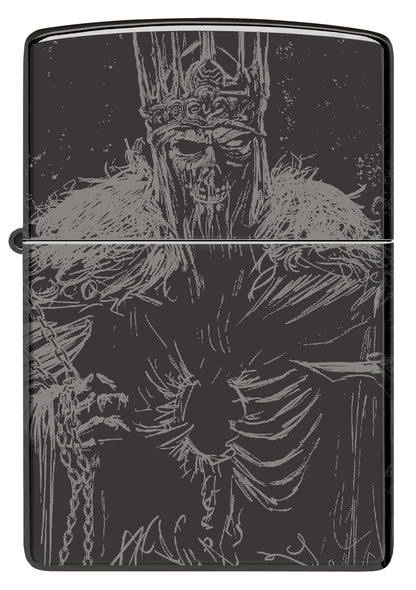 Front view of Zippo Skull King Design High Polish Black Windproof Lighter.