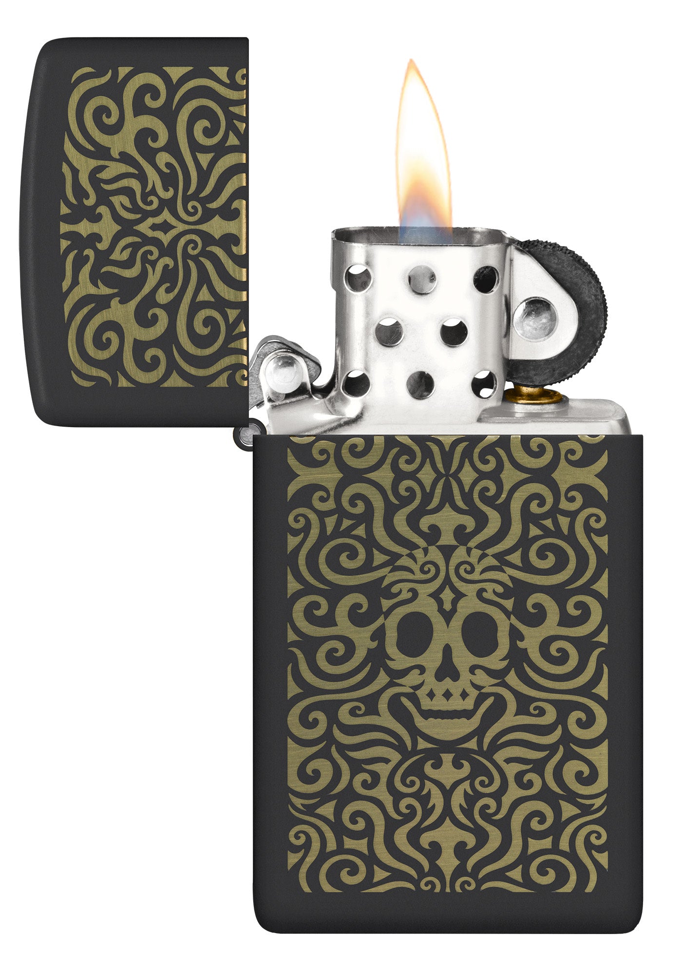 Zippo Skull Filigree Design Slim Black Matte Windproof Lighter with its lid open and lit.