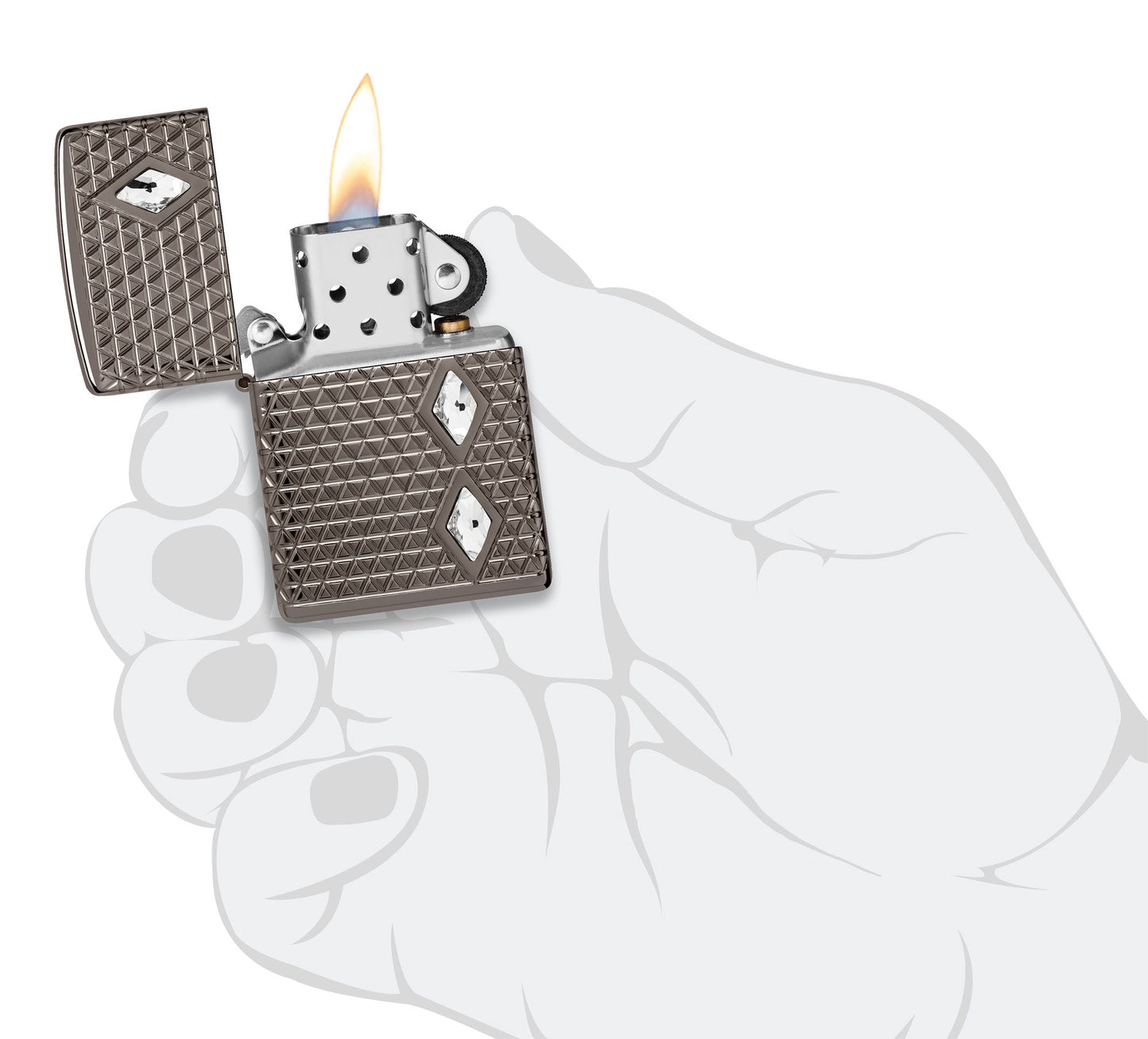 Zippo Diamond Pattern Design Armor?? Black Ice?? Windproof Lighter lit in hand.