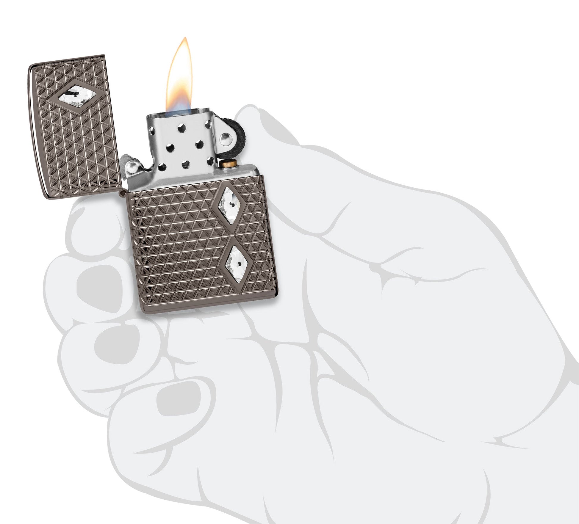 Zippo Diamond Pattern Design Armor?? Black Ice?? Windproof Lighter lit in hand.