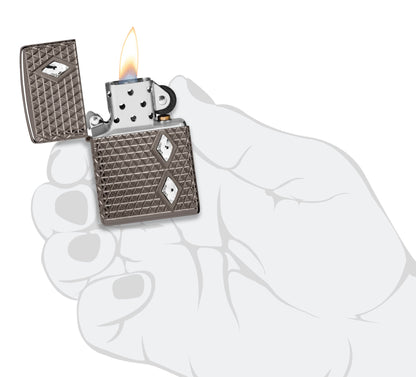 Zippo Diamond Pattern Design Armor?? Black Ice?? Windproof Lighter lit in hand.