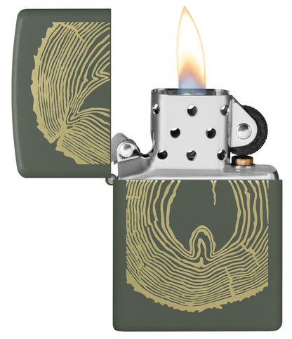 Zippo Wood Ring Design Green Matte Windproof Lighter with its lid open and lit.