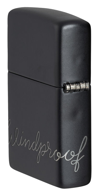 Angled shot of Zippo Design Black Matte with Chrome Windproof Lighter showing the back and hinge side of the lighter.