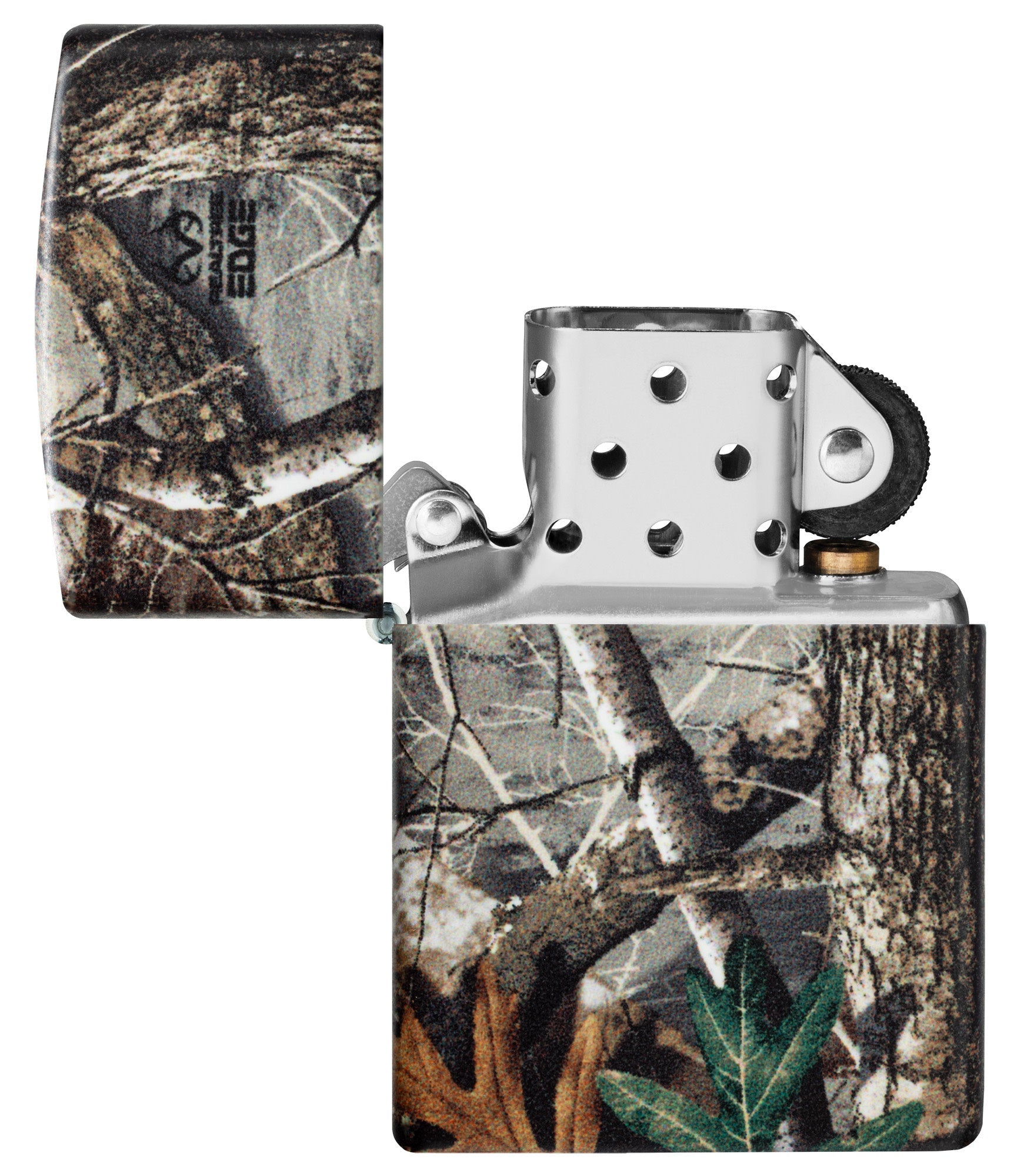 Zippo Realtree?? EDGEÆ?âº Camo Design 540 Matte Windproof Lighter with its lid open and unlit.