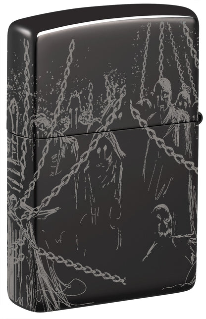 Back shot of Zippo Skull King Design High Polish Black Windproof Lighter standing at a 3/4 angle.