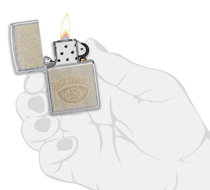 Jack Daniel's?? Logo Street ChromeÆ?âº Windproof Lighter lit in hand.
