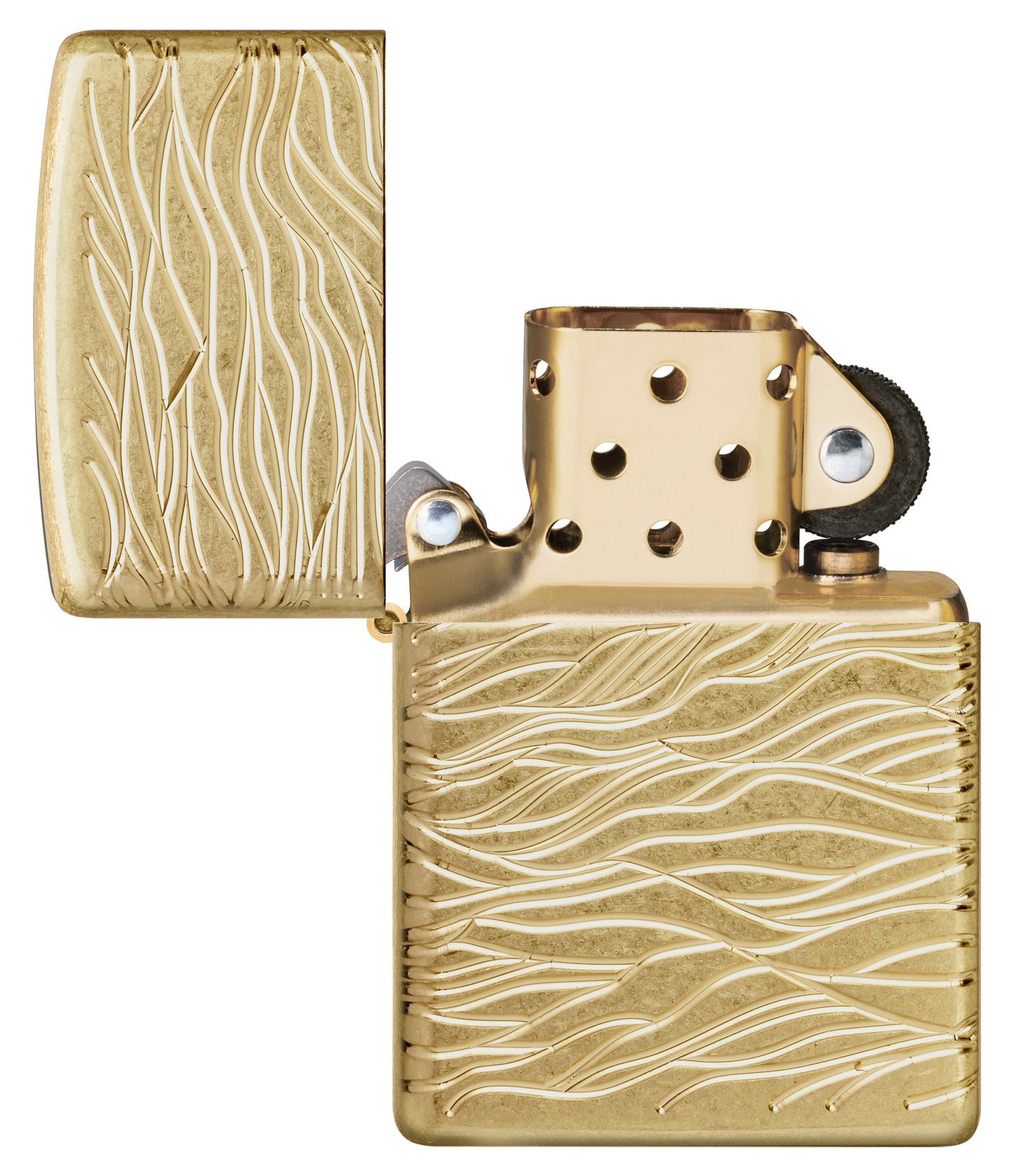 Zippo Luxury Waves Design Armor Tumbled Brass Windproof Lighter with its lid open and unlit.