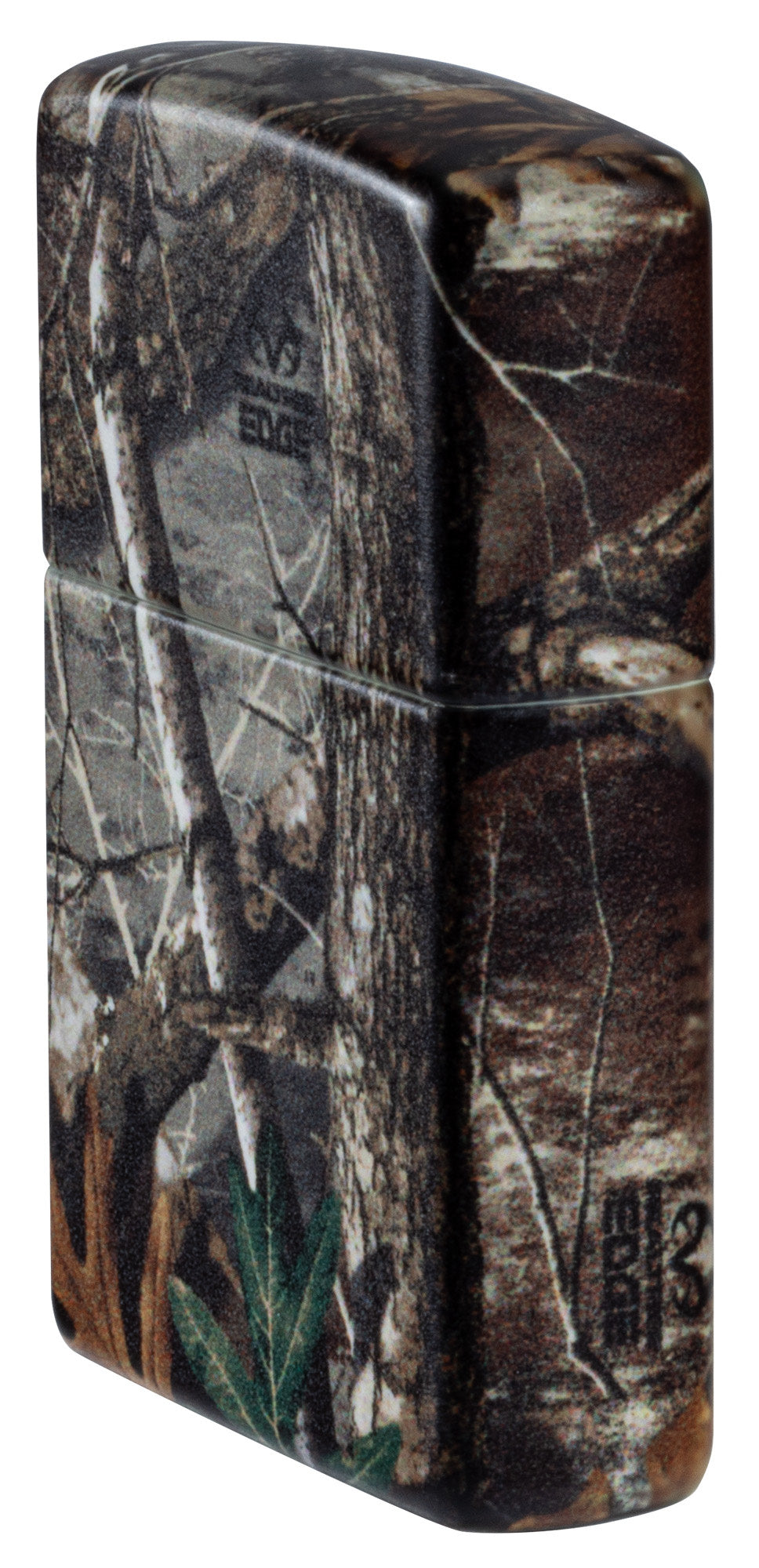 Angled shot of Zippo Realtree?? EDGEÆ?âº Camo Design 540 Matte Windproof Lighter showing the front and right sides of the lighter.