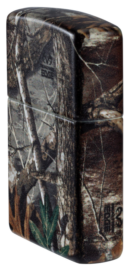 Angled shot of Zippo Realtree?? EDGEÆ?âº Camo Design 540 Matte Windproof Lighter showing the front and right sides of the lighter.