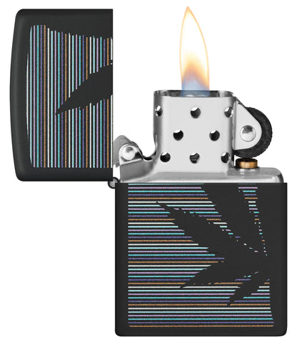 Zippo Cannabis Design Black Matte Windproof Lighter with its lid open and lit.