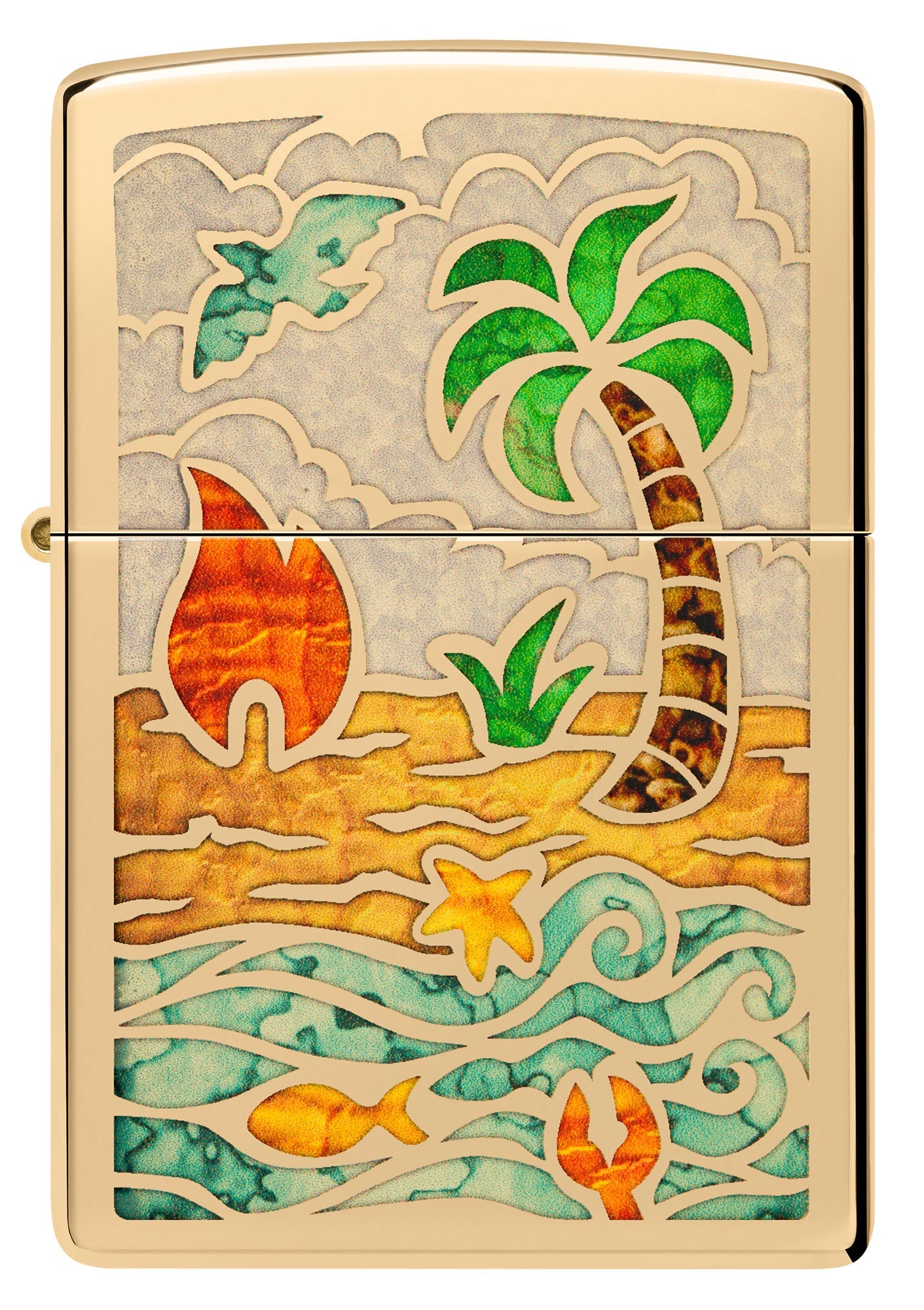Front view of Zippo Beach Day Design High Polish Brass Windproof Lighter.