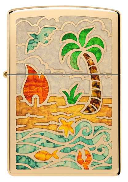 Front view of Zippo Beach Day Design High Polish Brass Windproof Lighter.
