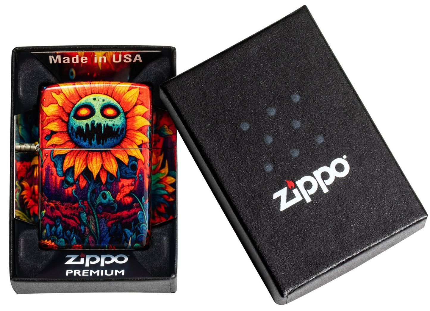 Zippo Spooky Sunflower Design 540 Tumbled Brass Windproof Lighter in its packaging.