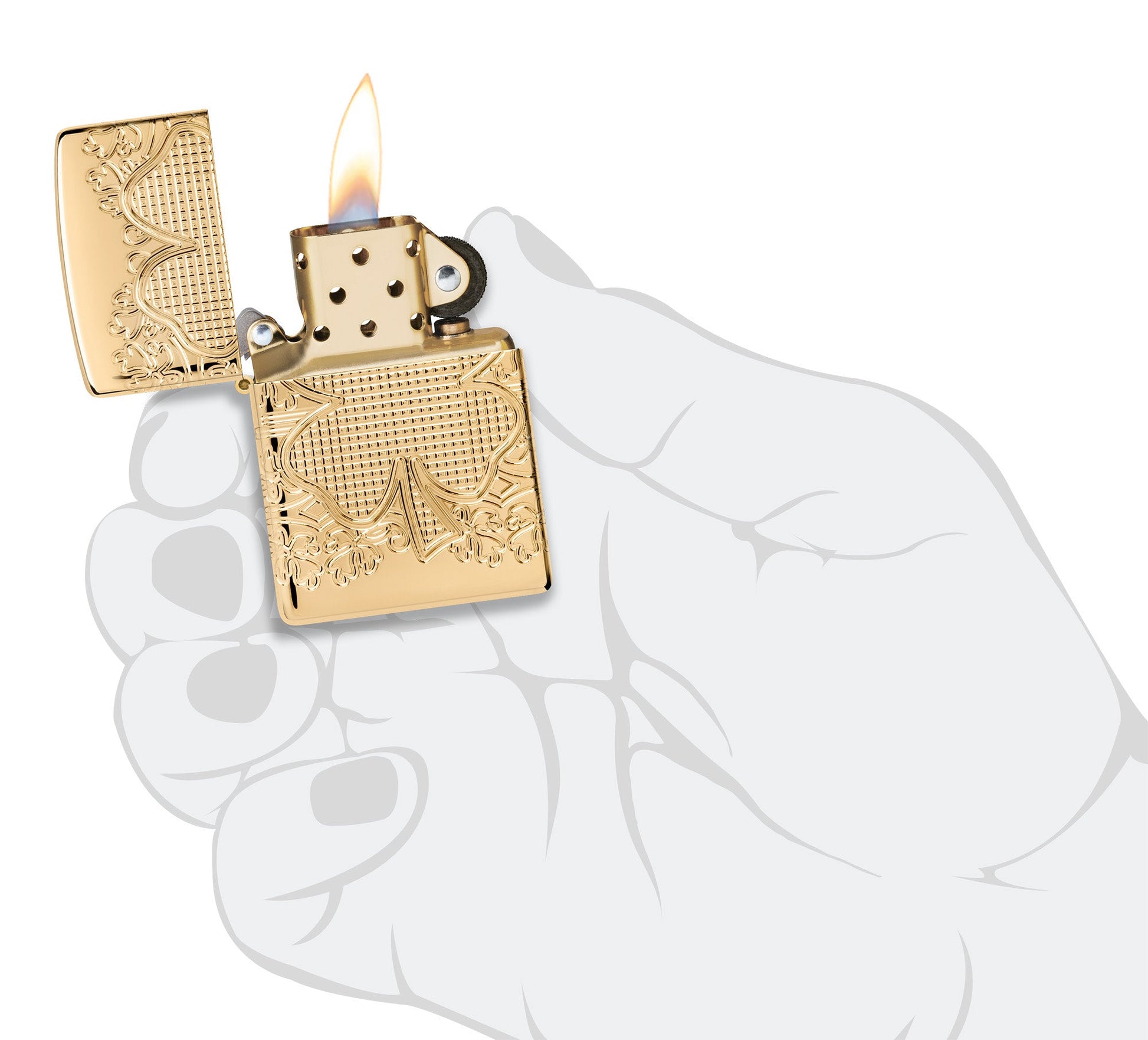 Zippo Lucky Clover Design Armor?? High Polish Gold Plate Windproof Lighter lit in hand.