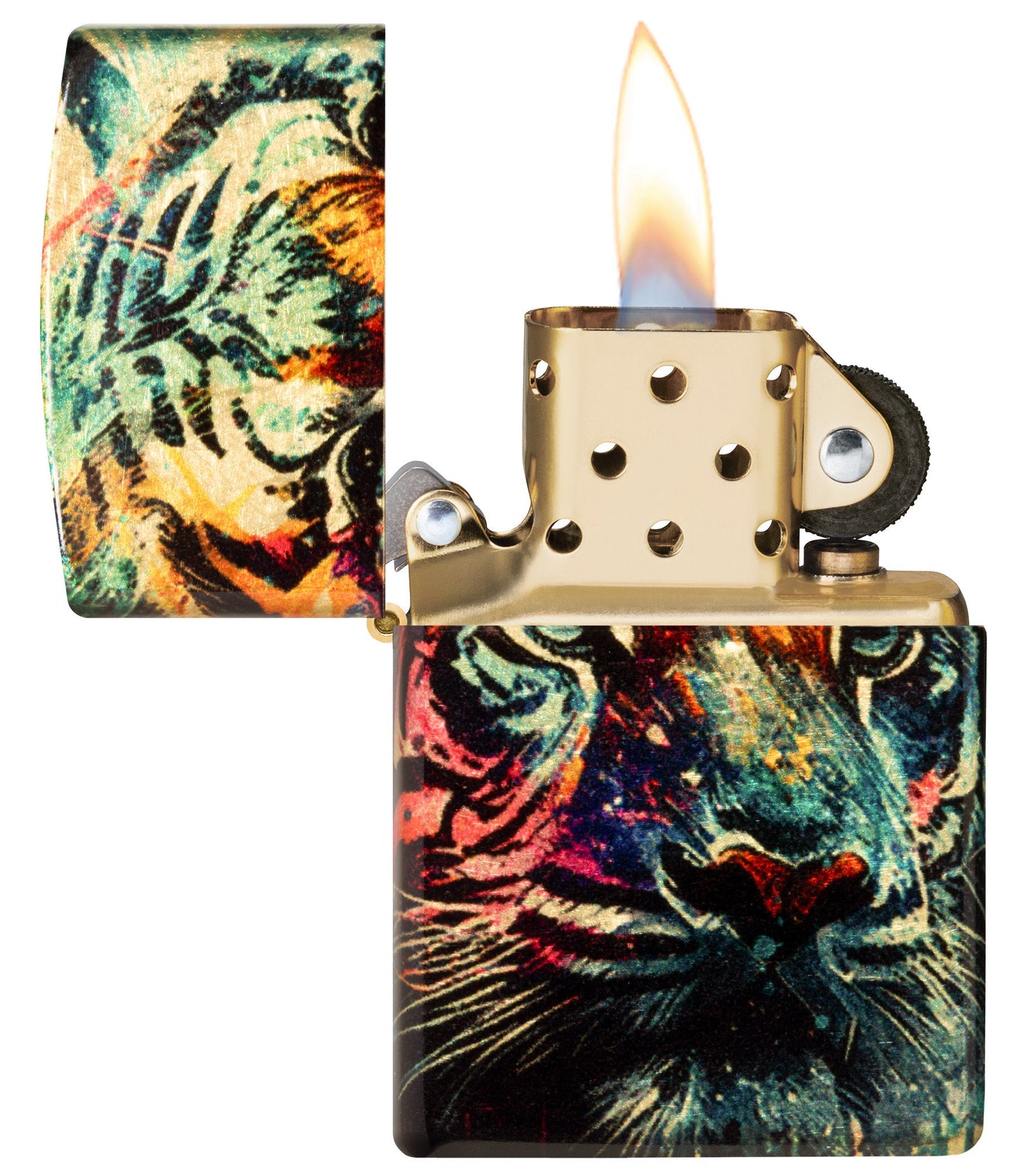 Zippo Painted Tiger Design 540 Tumbled Brass Windproof Lighter with its lid open and lit.