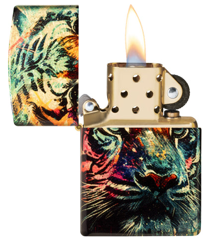 Zippo Painted Tiger Design 540 Tumbled Brass Windproof Lighter with its lid open and lit.