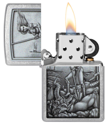Medieval Woman Warrior Street Chrome Windproof Lighter with its lid open and lit.