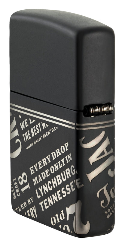 Angled shot of Zippo Jack Daniel's?? Every Drop Design Regular Media Chrome Black Matte Windproof Lighter showing the back and hinge side of the lighter.