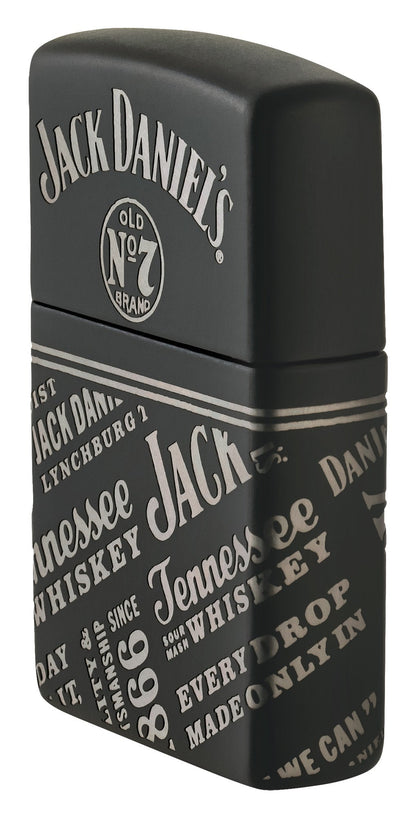 Angled shot of Zippo Jack Daniel's?? Every Drop Design Regular Media Chrome Black Matte Windproof Lighter showing the front and right side of the lighter.
