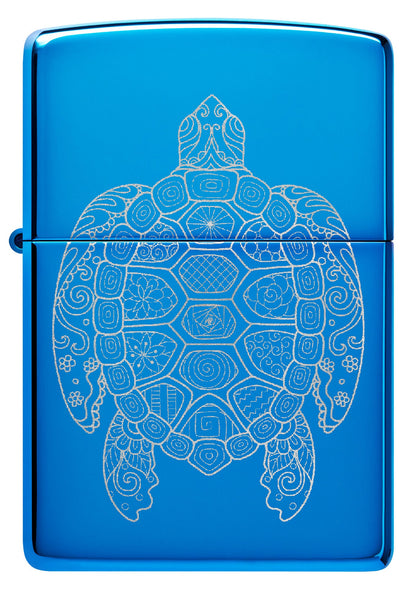 Front view of Zippo Zen Turtle Design High Polish Blue Windproof Lighter.