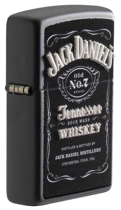 Angle shot of Jack Daniel's?? Texture Print Black Matte Windproof Lighter showing the texture print process
