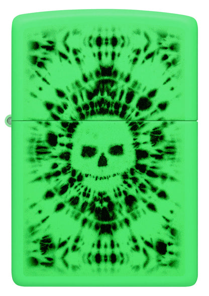 Front view of Zippo Glowing Skull Design Glow in the Dark Windproof Lighter glowing in the dark.