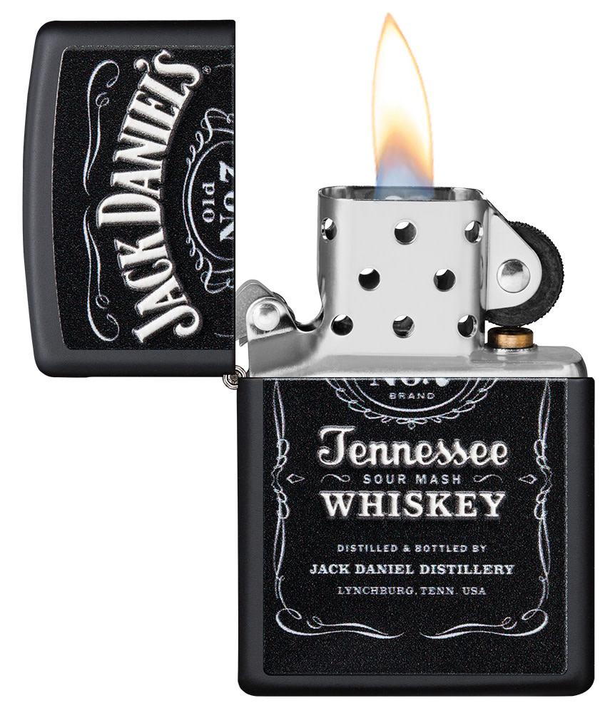 Jack Daniel's?? Texture Print Black Matte Windproof Lighter with its lid open and lit