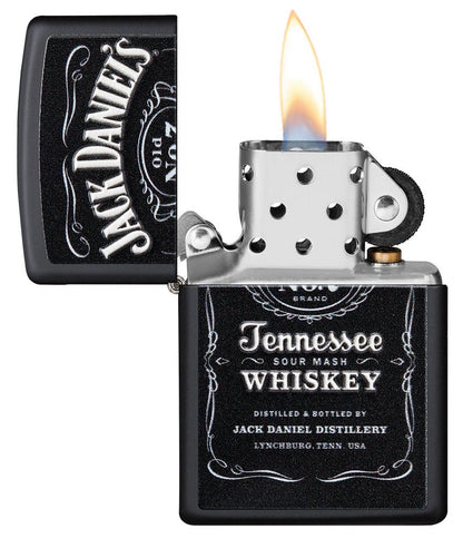 Jack Daniel's?? Texture Print Black Matte Windproof Lighter with its lid open and lit