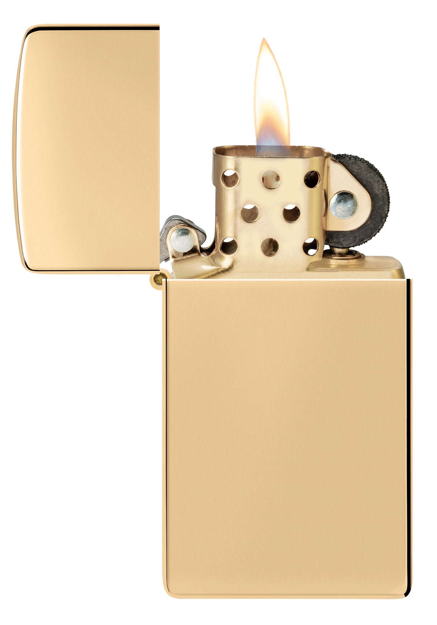 Slim?? High Polish Brass Finish Windproof Lighter with its lid open and lit