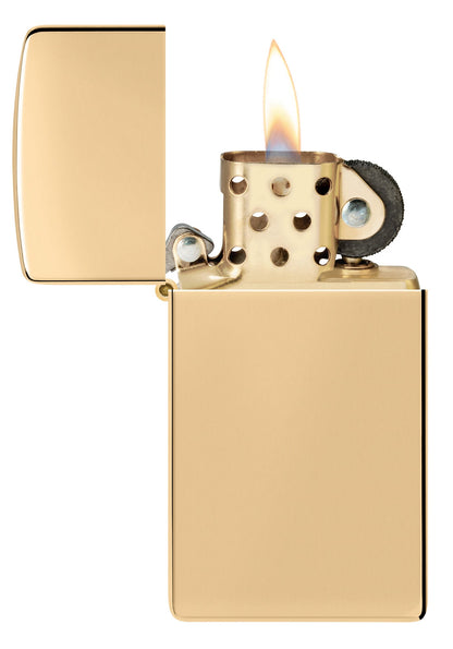 Slim?? High Polish Brass Finish Windproof Lighter with its lid open and lit