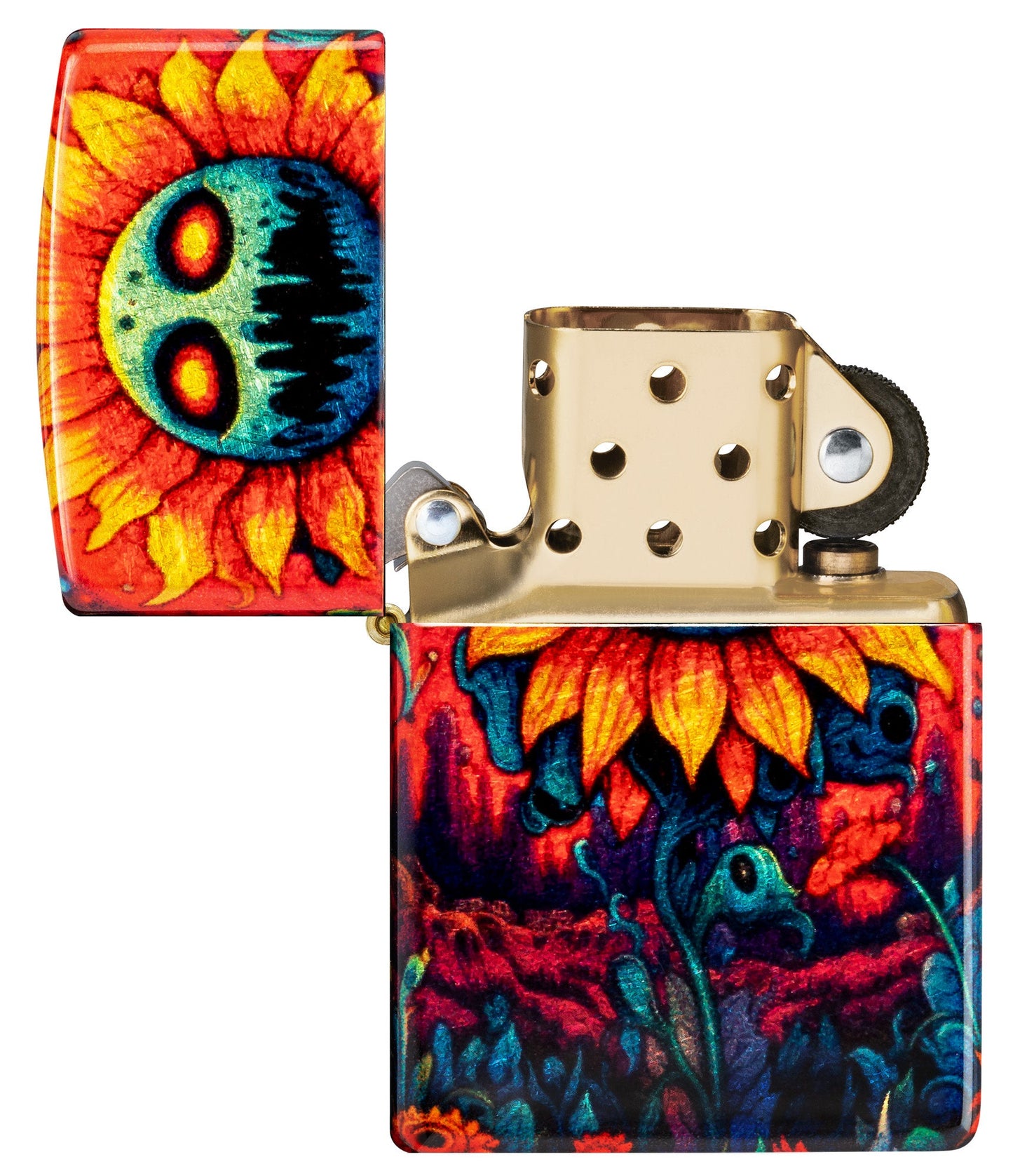 Zippo Spooky Sunflower Design 540 Tumbled Brass Windproof Lighter with its lid open and unlit.
