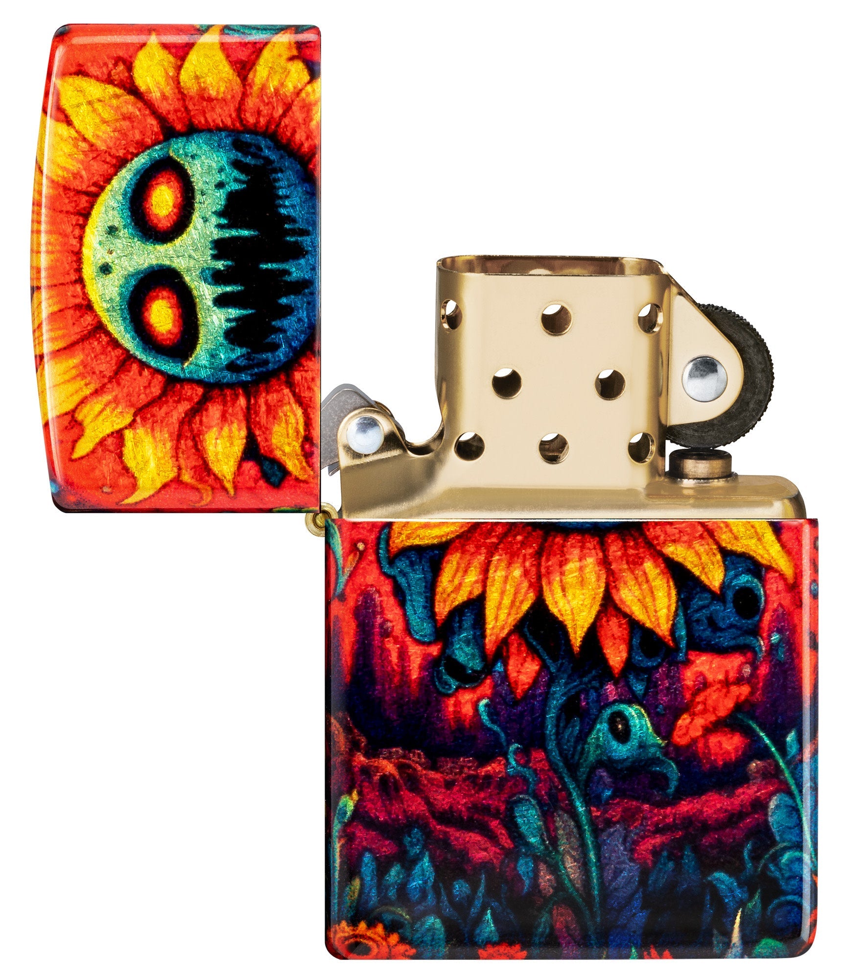 Zippo Spooky Sunflower Design 540 Tumbled Brass Windproof Lighter with its lid open and unlit.