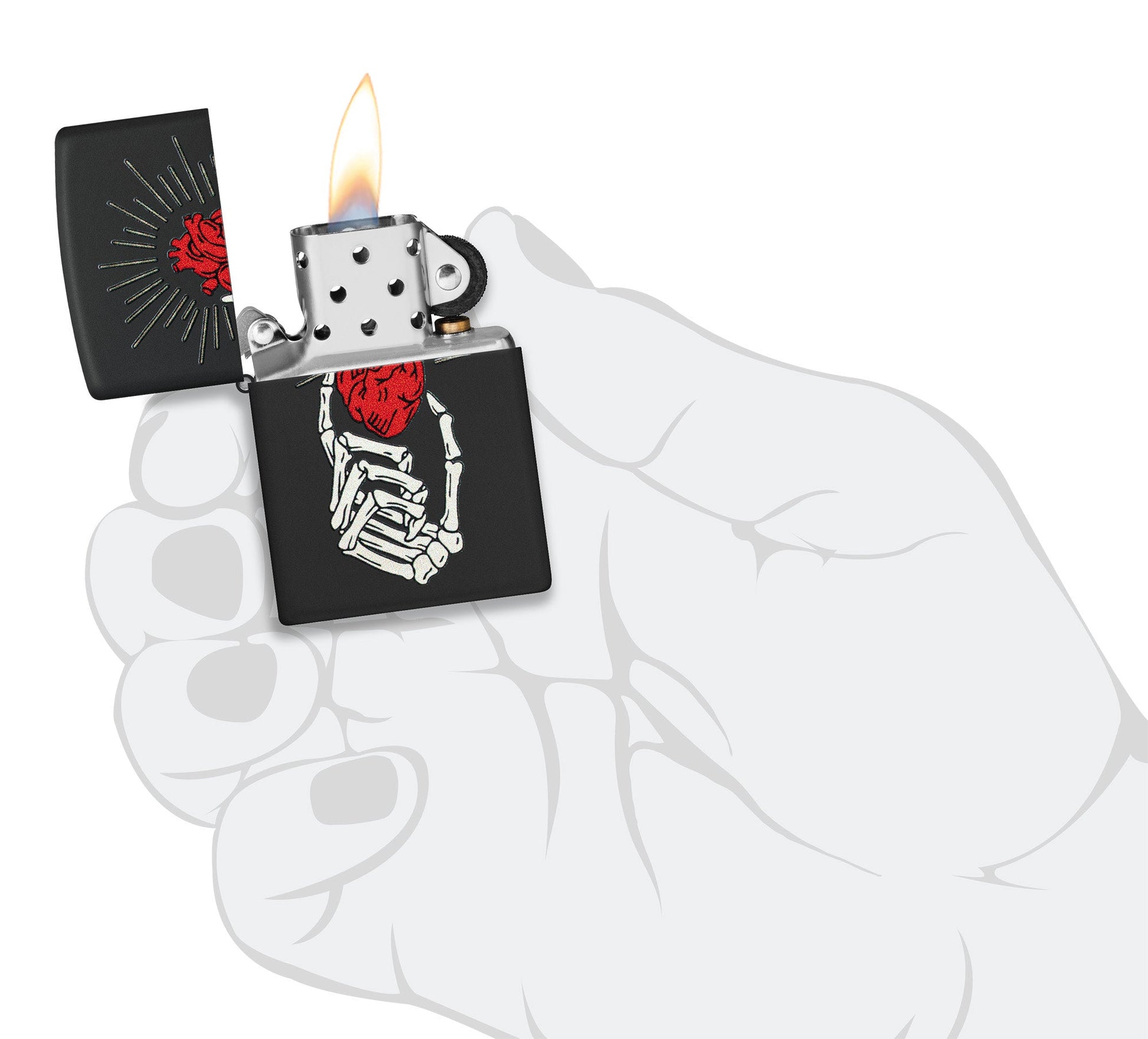 Zippo Undying Love Design Black Matte Windproof Lighter lit in hand.