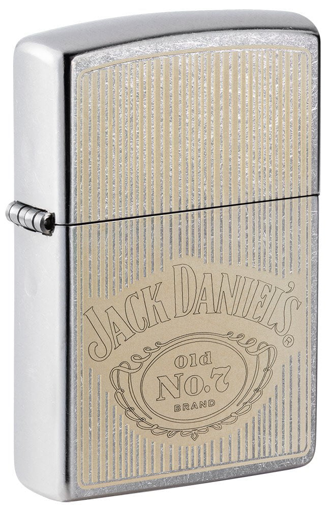 Front shot of Jack Daniel's?? Logo Street ChromeÆ?âº Windproof Lighter standing at a 3/4 angle.