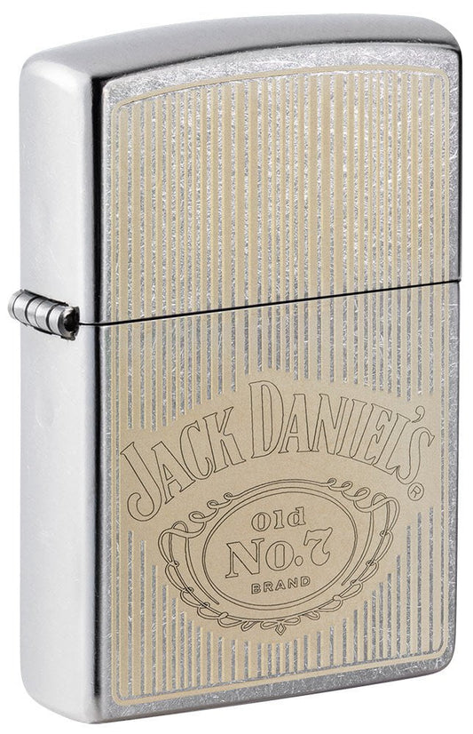 Front shot of Jack Daniel's?? Logo Street ChromeÆ?âº Windproof Lighter standing at a 3/4 angle.