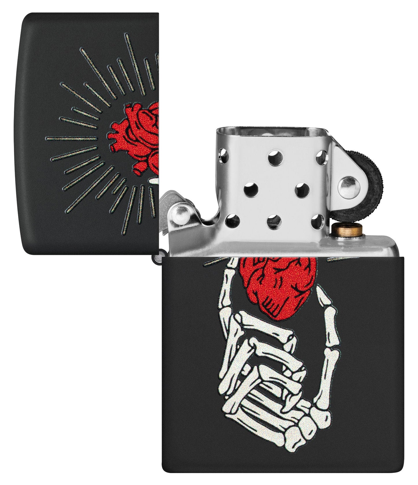 Zippo Undying Love Design Black Matte Windproof Lighter with its lid open and unlit.